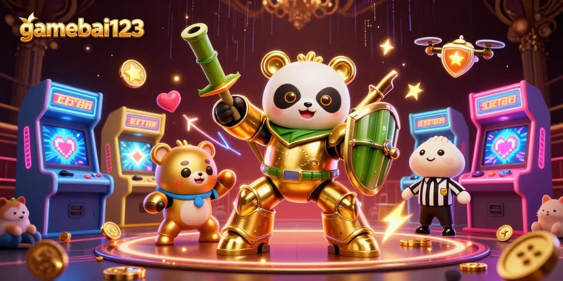Gamebai123 showcases a lively 3D illustration with a golden panda in a mech-suit, surrounded by arcade machines.