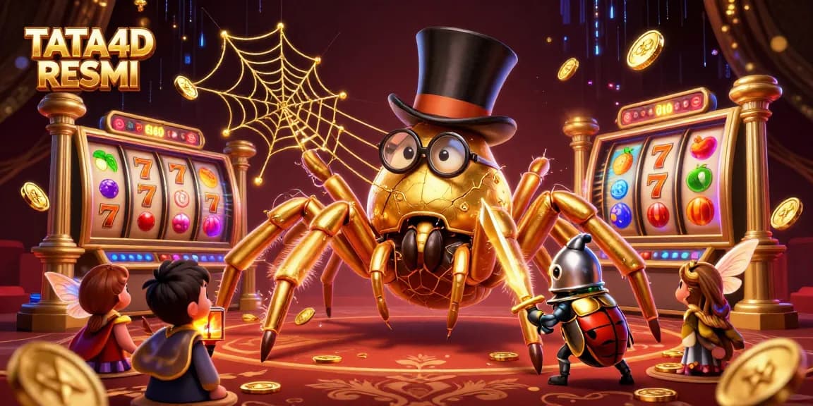 TATA4D RESMI offers captivating slot gameplay illustrated by a golden tarantula weaving a web of jackpots.