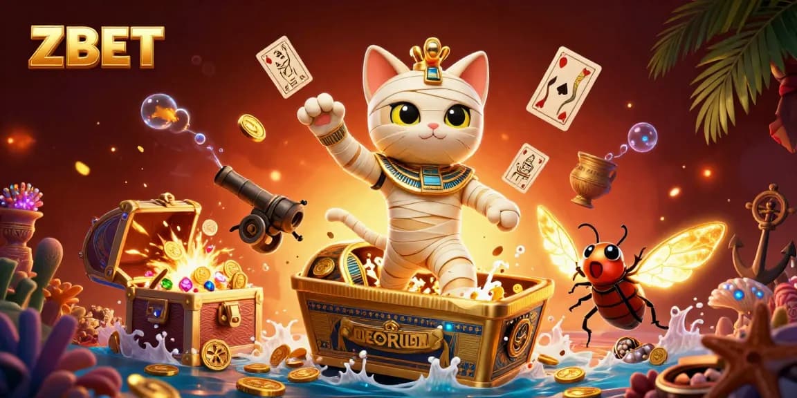 Experience energetic ZBET gaming with a cartoon mummy cat and treasures in a vibrant casino.