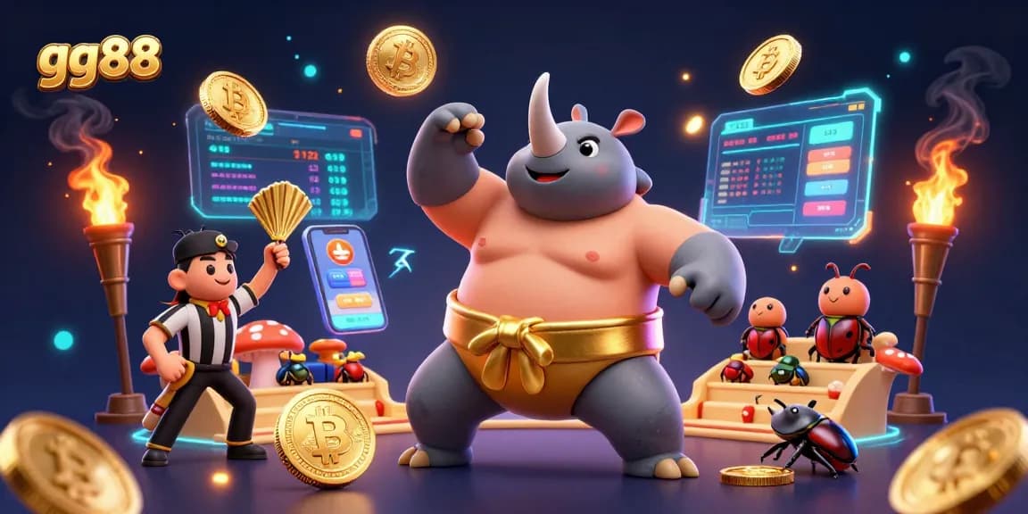 Experience thrilling sports betting action with gg88's dynamic scene of a beetle champion and glowing crypto elements.