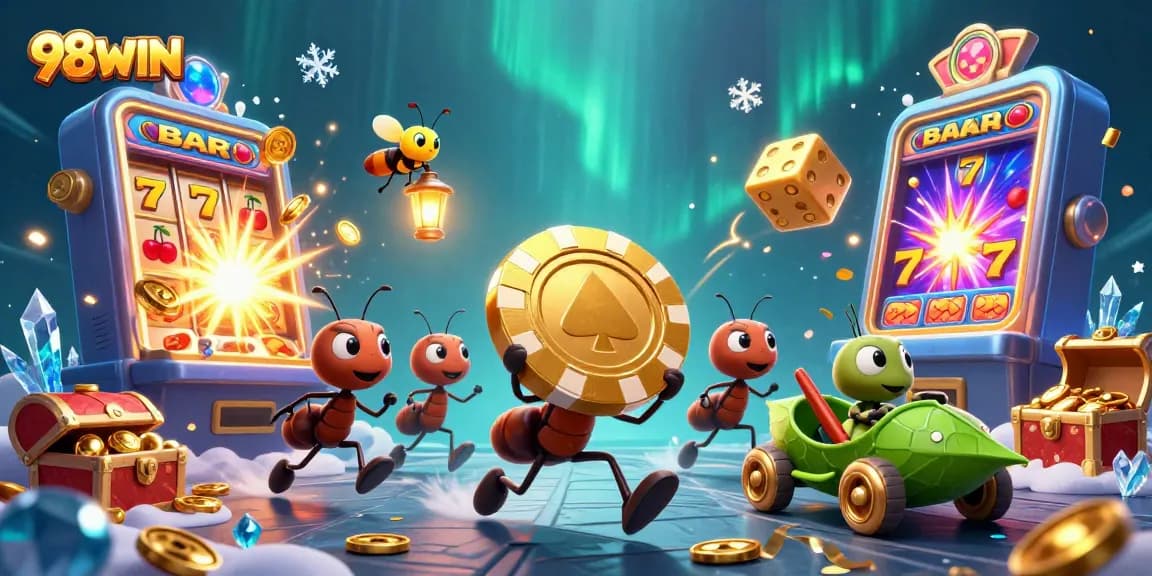 98WIN casino heist scene with ants and golden poker chip in vibrant 3D illustration