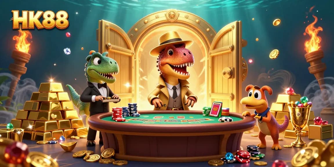 Experience thrilling HK88 gameplay with vibrant characters and golden treasures in this dynamic casino scene.