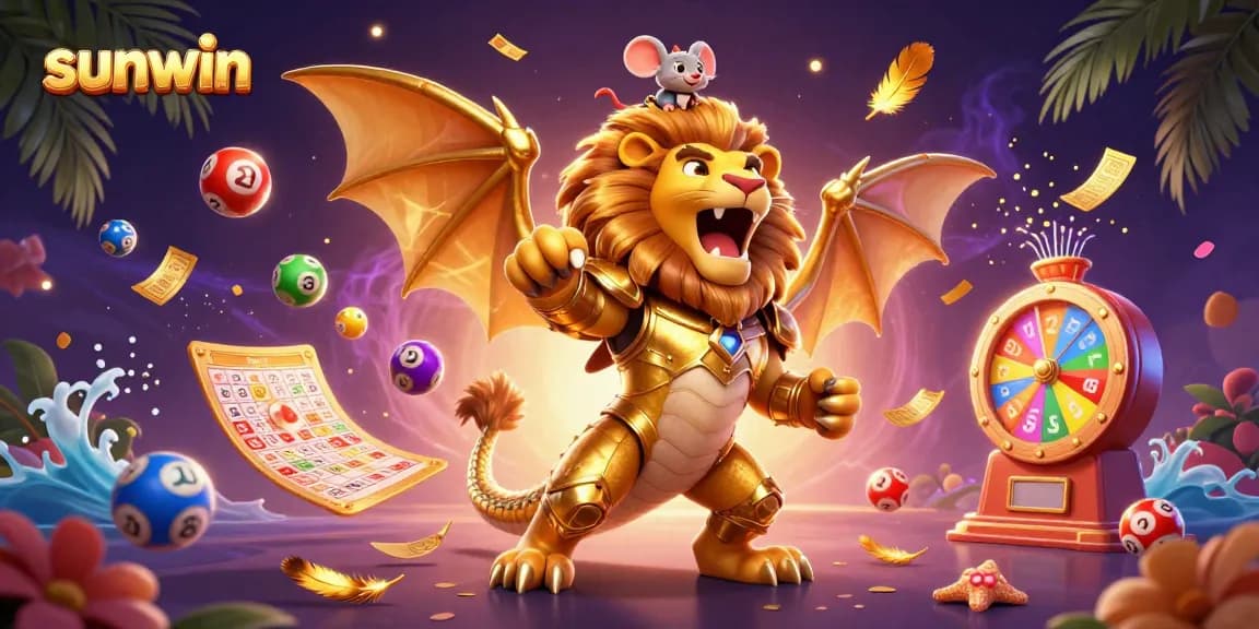 Engage with sunwin's energetic casino world featuring dynamic lottery elements and a majestic chimera.