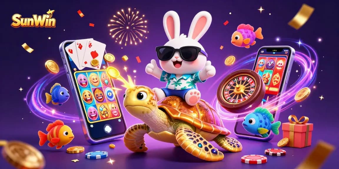 Experience the fun of SunWin with a lucky rabbit and golden turtle in a vibrant casino setting.