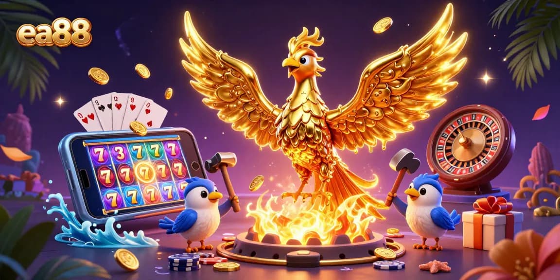 ea88 players immerse in a vibrant 3D slot game scene with golden phoenix and coins.