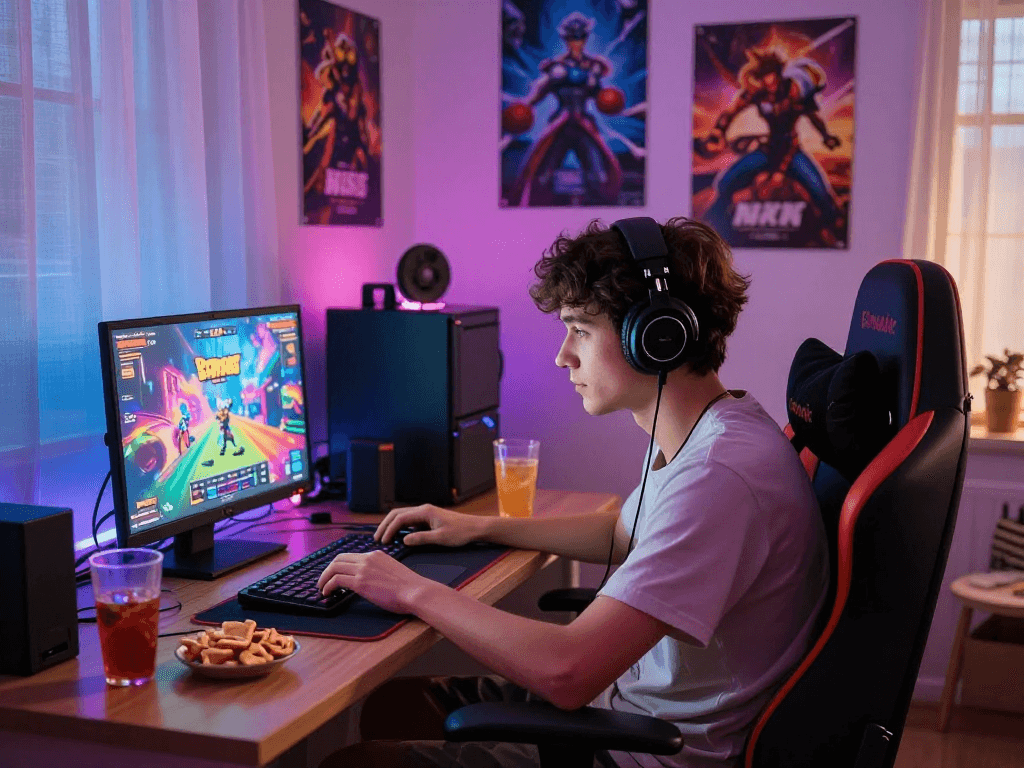 Enjoying immersive porn games on a laptop in a cozy gaming setup.