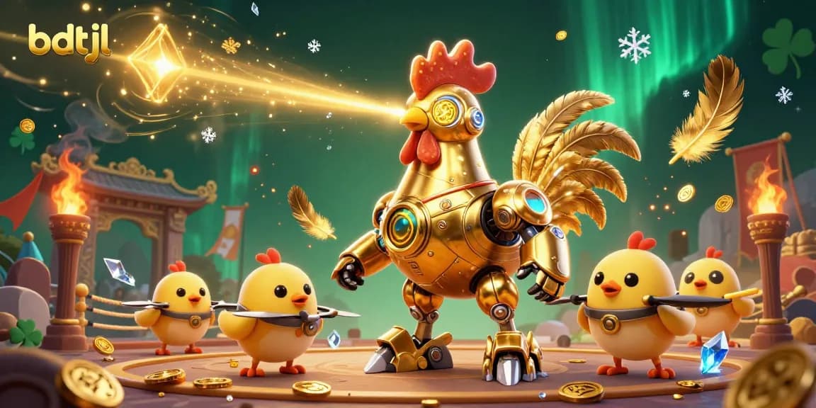 Engage with bdtjl's exciting golden rooster robot and adorable chick drones in a thrilling casino illustration.