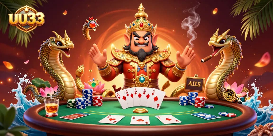 uu33 brings exciting poker energy with vibrant Thai temple guardian and Naga companions.