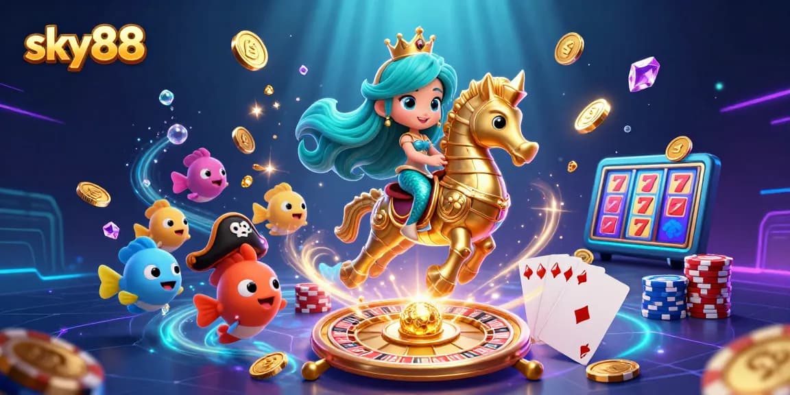 sky88 mermaid princess winning at the casino with golden coins and colorful chips.