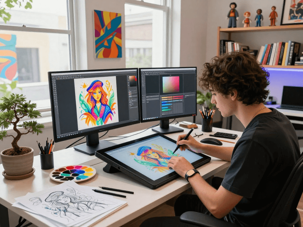 Artist creating vivid nsfw ai illustrations in a dynamic digital studio.