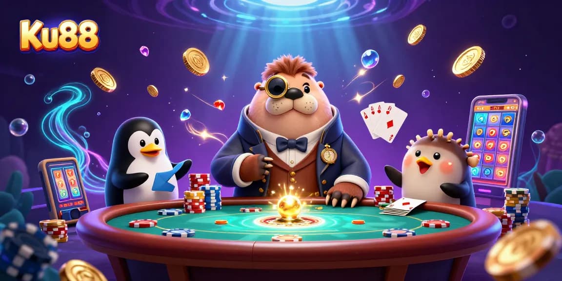 Experience thrilling gameplay at Ku88 with an underwater poker scene featuring unique characters and vibrant game elements.