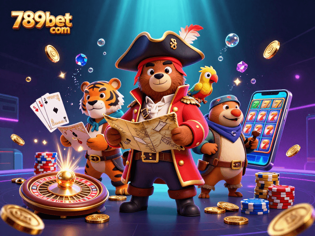 Experience casino excitement at 789bet com with dynamic 3D illustration featuring gambling elements.
