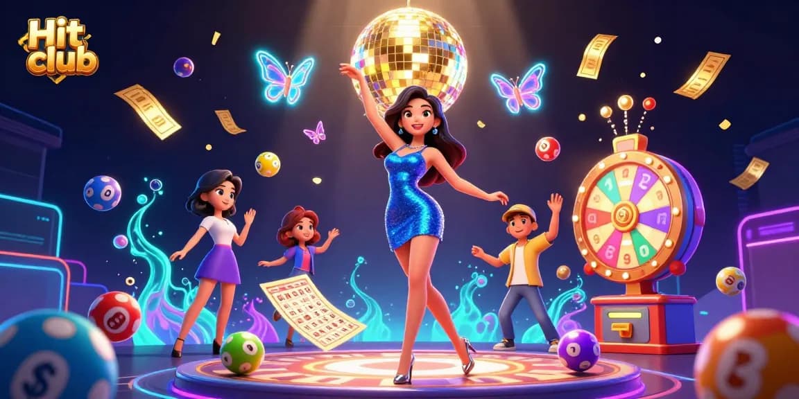 Engage with Hit club's vibrant gaming culture, where colorful lottery balls create excitement in a dazzling casino scene.