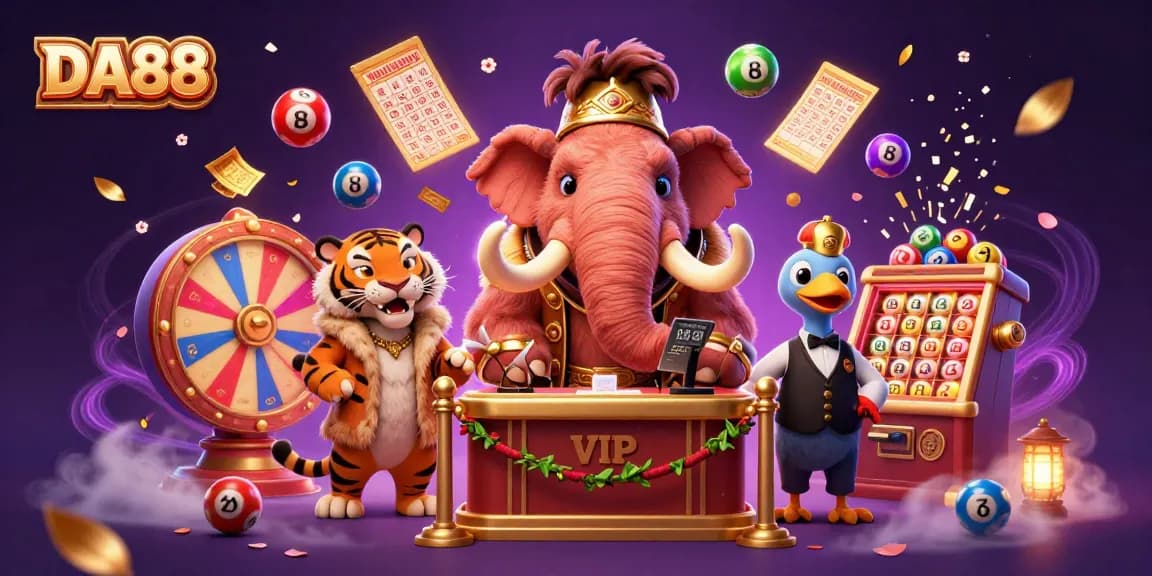 Experience the excitement of DA88 with a bouncer, VIP guest, and doorman at a lively lottery-themed casino.