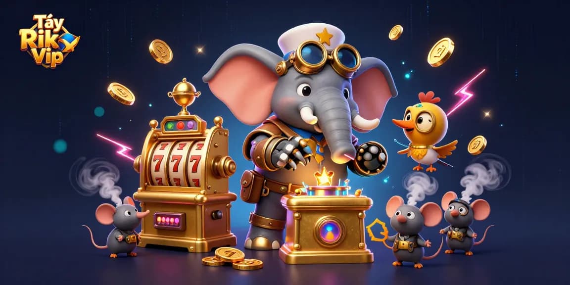 Tải Rik Vip invites you to spin golden slot machines with dynamic gaming elements in a vibrant 3D world.