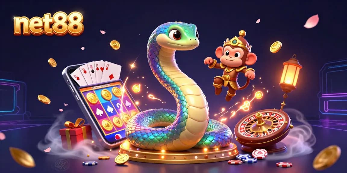 Engage with net88's vibrant casino experience featuring a rainbow serpent, monkey king, and dynamic gaming elements.