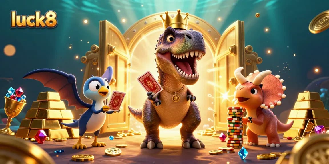Experience action at luck8 with vibrant gaming characters amidst treasure and jewels.