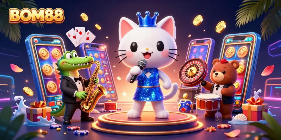 BOM88 captivates players with stunning cartoon casino illustration showcasing vibrant characters and exciting game elements.