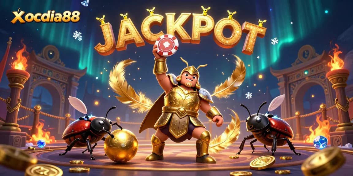 Xocdia88 launches a thrilling jackpot moment with a victorious beetle character celebrating the game.