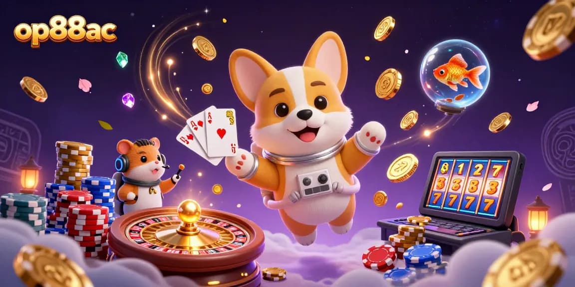 Engage with op88ac in a whimsical 3D casino scene filled with floating treasures and vibrant gaming elements.