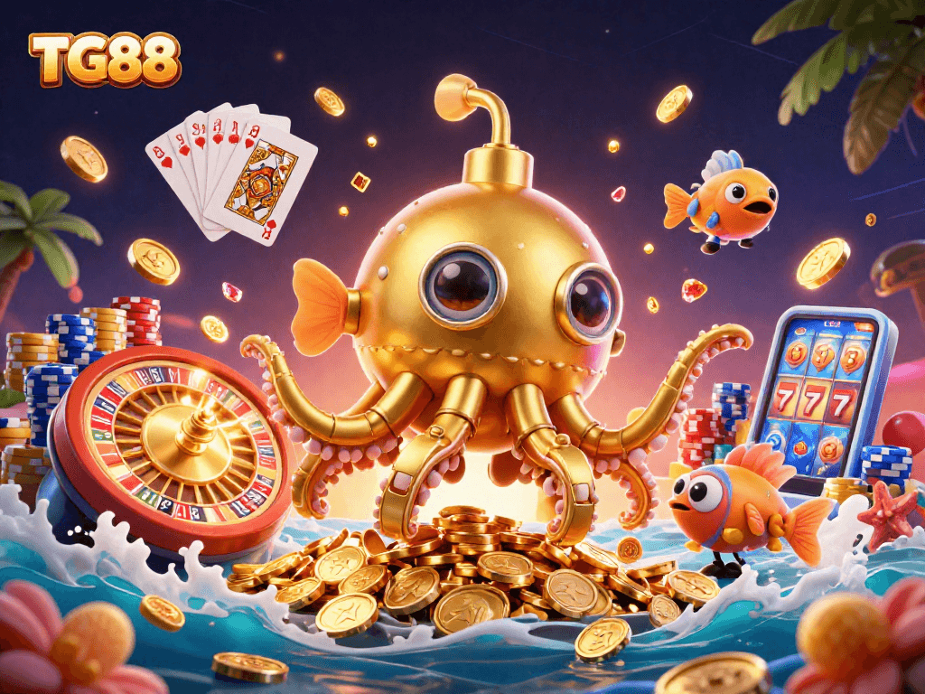 Experience the thrilling adventure of TG88 with a golden kraken submarine amidst cascading coins and vibrant casino elements.