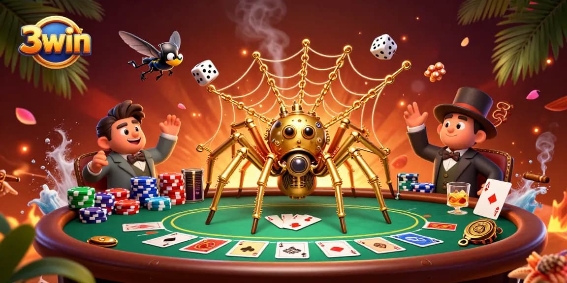 Experience thrilling 3win moments with a steampunk spider design, capturing excitement in a casino scene.