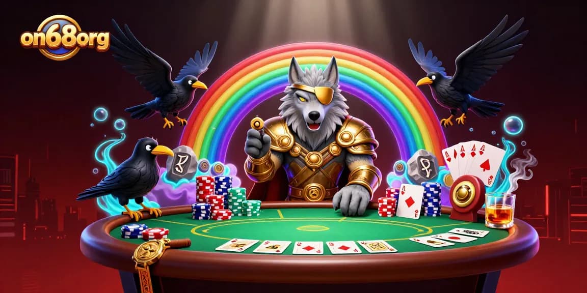 Win at on68org with spinning casino chips, Odin, and vibrant poker elements.