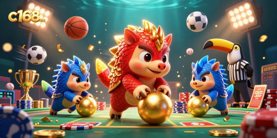 Engage in exciting gameplay at c168com with a dynamic illustration of pangolins and vibrant casino elements.