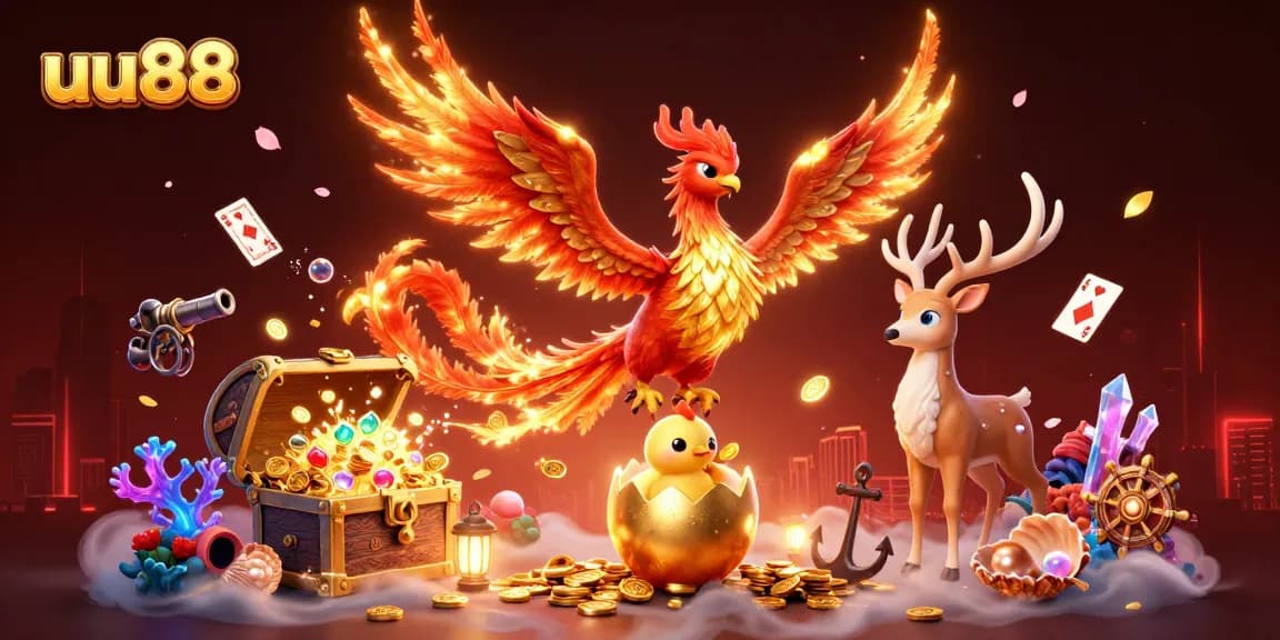 Experience thrilling wins at uu88 with vibrant slot games featuring a phoenix and a mystical stag.