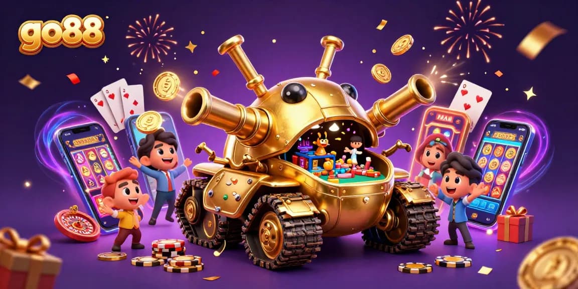 Engaging go88 illustration with a golden beetle tank and miniature casino games