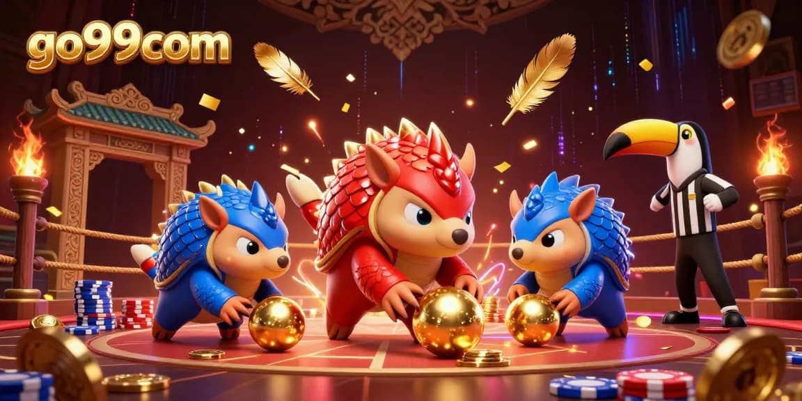 go99com pangolins roll golden balls through poker chips in a vibrant casino scene.