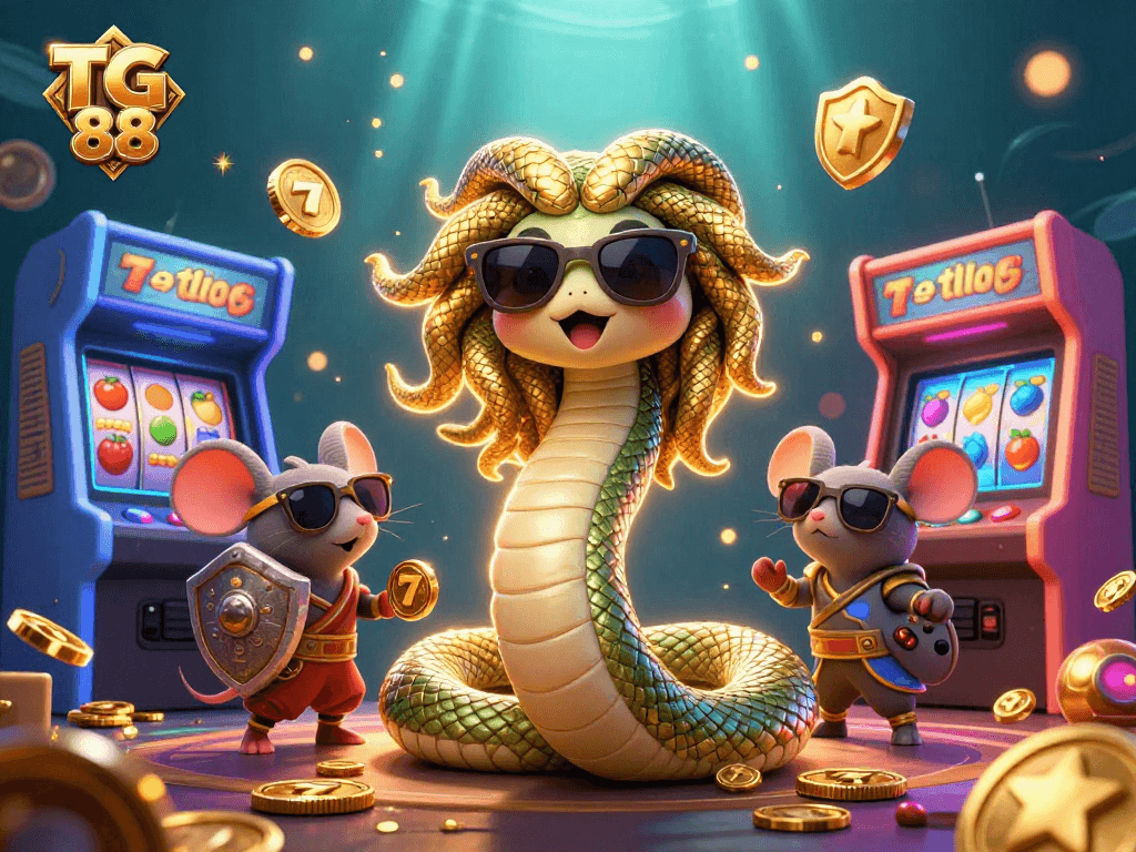 Engage with TG 88 in this vibrant 3D casino world, featuring Medusa and gaming elements.
