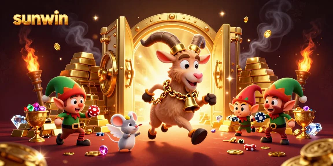 sunwin casino scene with Krampus goat, elf gremlins, and treasure, capturing excitement