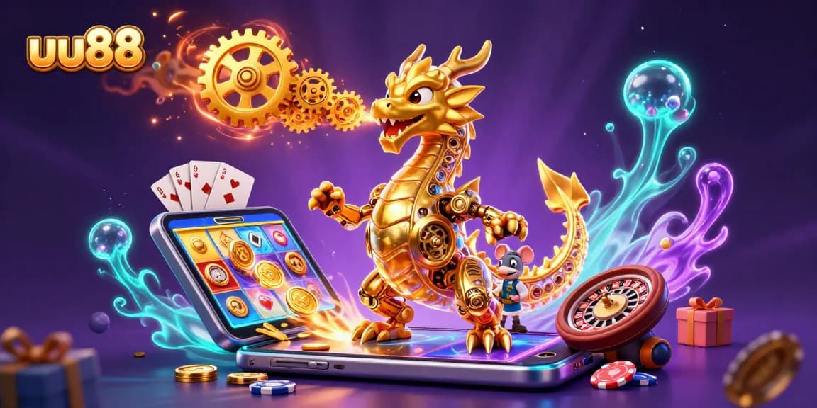 Experience the excitement of uu88 with vibrant gameplay elements and a unique golden dragon character.