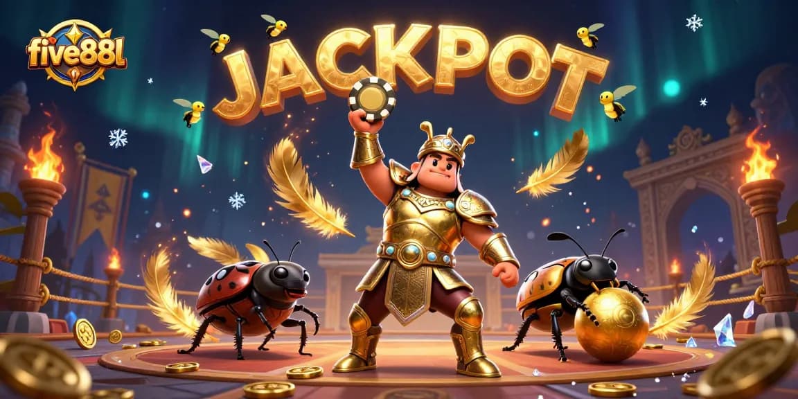 Experience excitement at five88l with cartoon beetles celebrating a jackpot amid a lively casino scene.