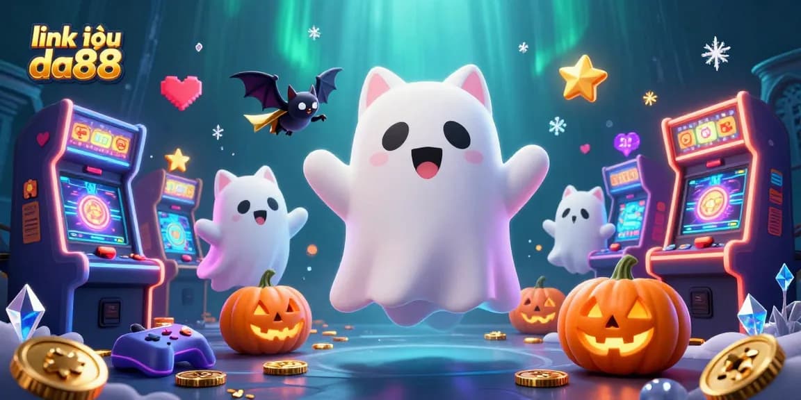 Win big with link vào da88 in this vibrant haunted casino scene, featuring a ghost cat and arcade machines.
