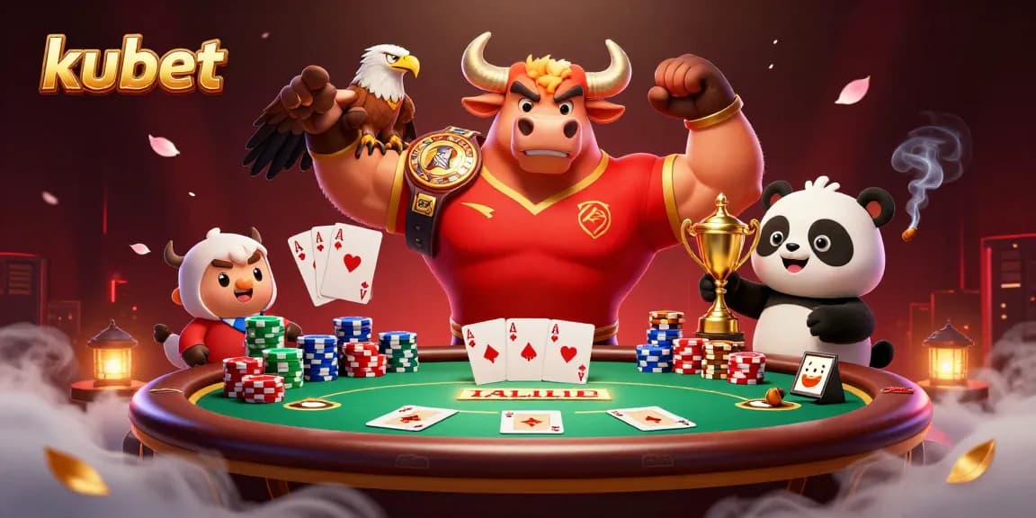 Kubet players engaging in a vibrant poker scene with a bull mascot and trophy.