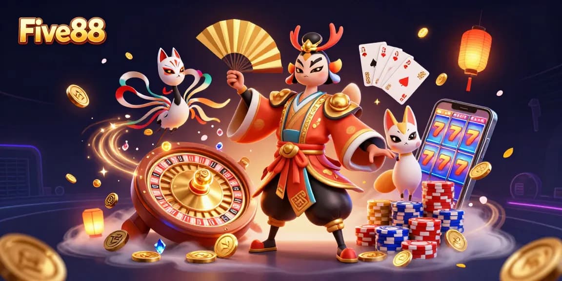 Experience the vibrant action and energy of Five88 with gaming elements like cascading coins and a spinning roulette wheel.