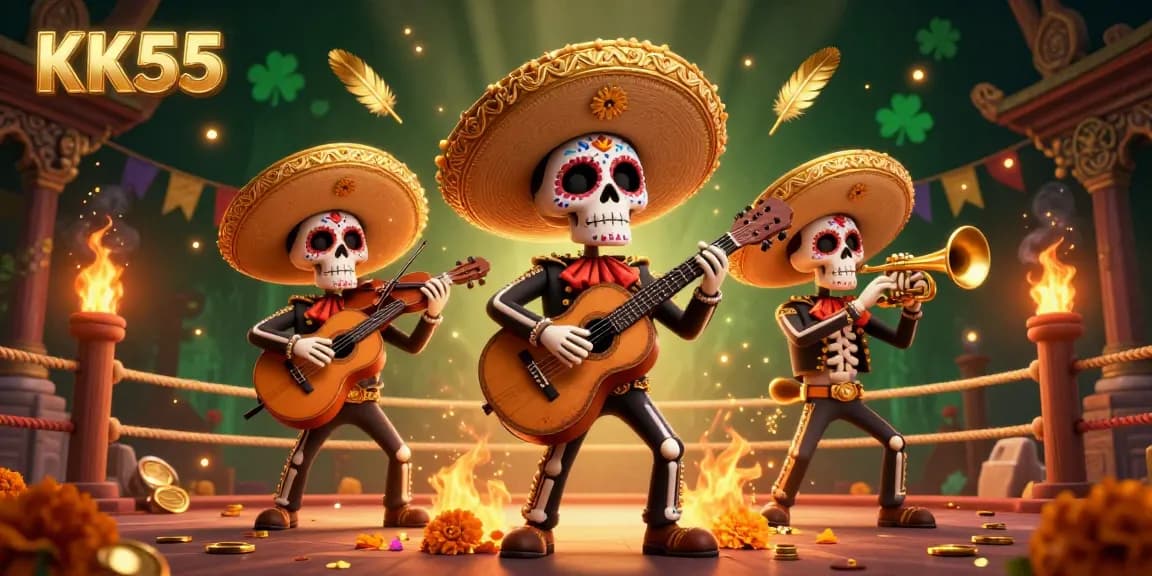 Experience the thrilling atmosphere at KK55 with lively 3D mariachi characters celebrating in a casino setting.