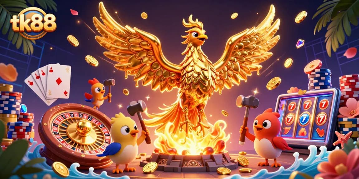 Spin and win at tk88 with a vibrant 3D casino illustration featuring golden treasures and gaming elements.