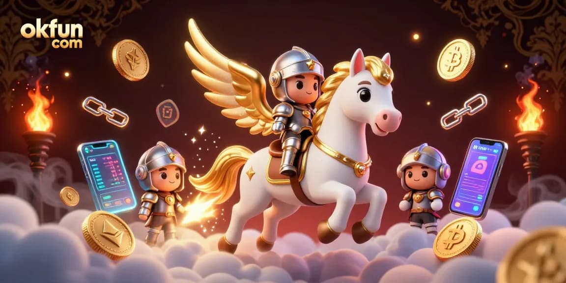 Engage in exciting gameplay at okfun com among a vibrant scene of crypto coins and a celestial horse.