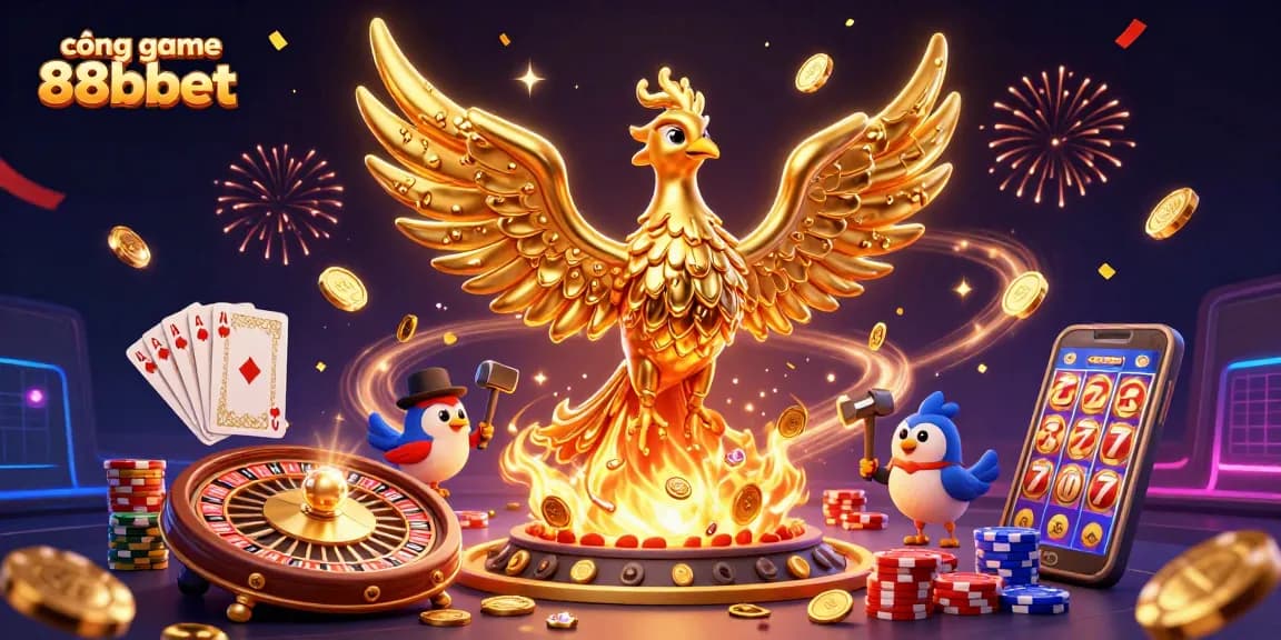 Tham gia cổng game 88bbet với hình ảnh phượng hoàng vàng phát ra tiền xu cùng nhiều trò chơi đỉnh cao.