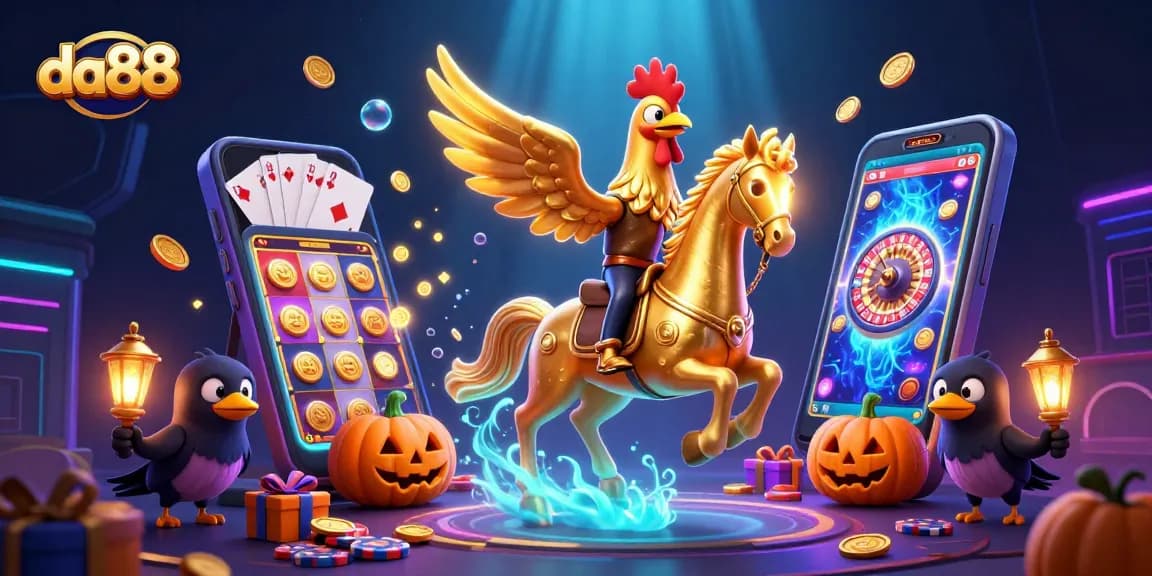 Engage with da88 in this vibrant casino scene featuring a golden rooster in a 3D illustration.