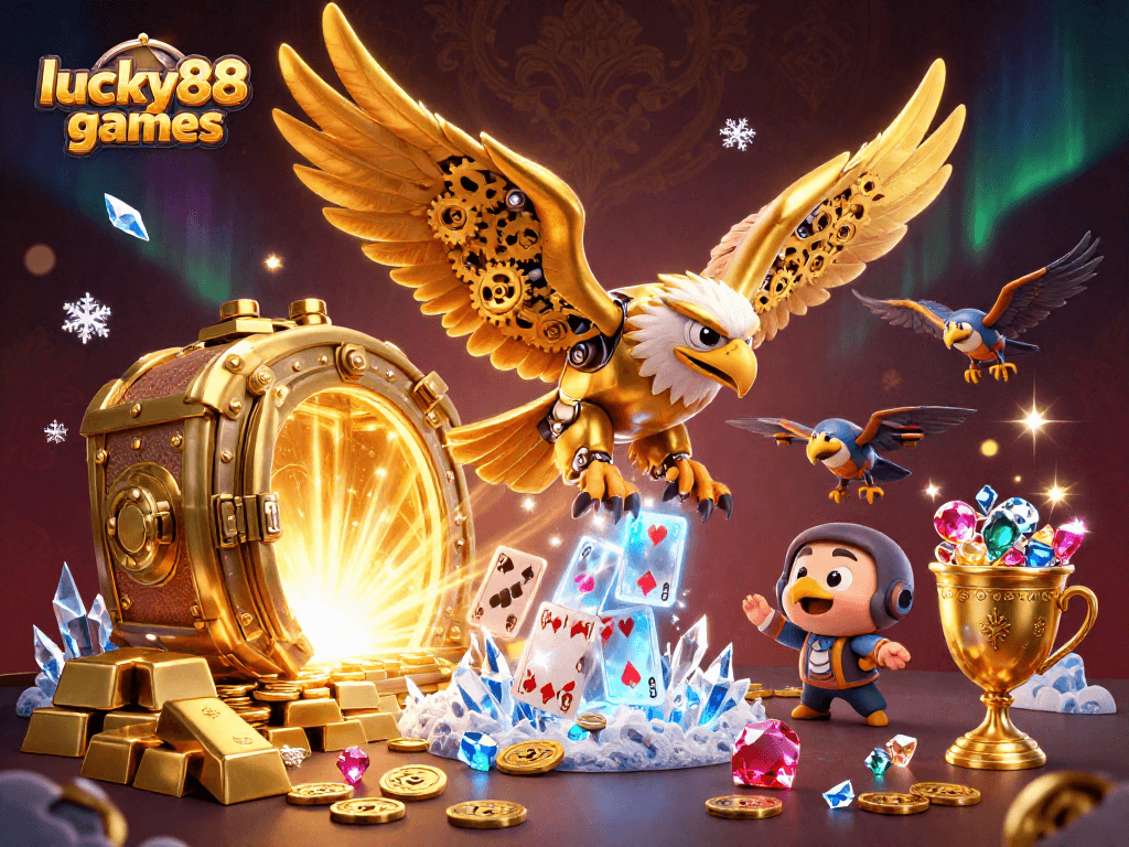 Experience thrilling wins at lucky88games, exploring a vibrant casino scene filled with glittering elements and mechanics.