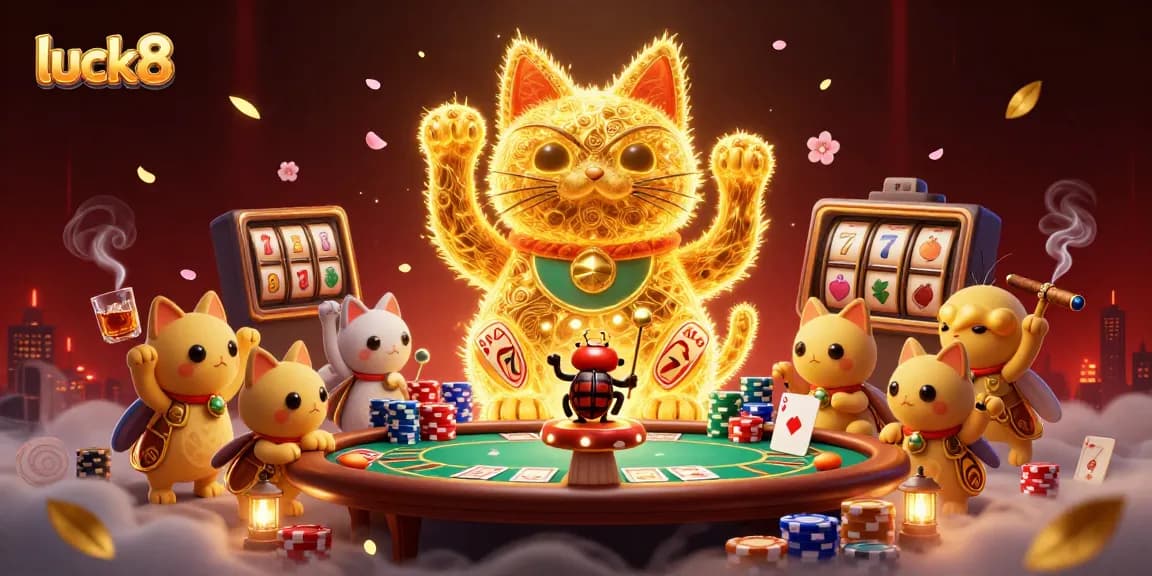 Experience luck8's vibrant casino world with a golden lucky cat, colorful poker chips, and dynamic elements.