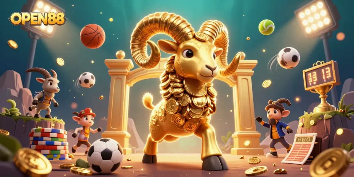 Experience the excitement of OPEN88 with a dynamic scene of golden ram charged at a golden gate surrounded by sports elements.
