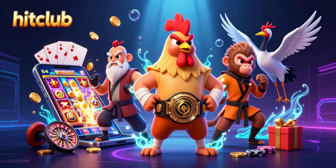 hitclub showcases a dynamic 3D illustration with casino elements, featuring a rooster champion, monkey martial artist, and crane master amidst spinning slots and golden coins.