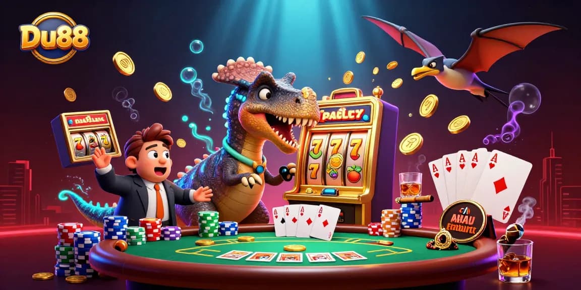 Experience Du88's thrilling jackpot excitement as dinosaurs indulge in a gaming spectacle.