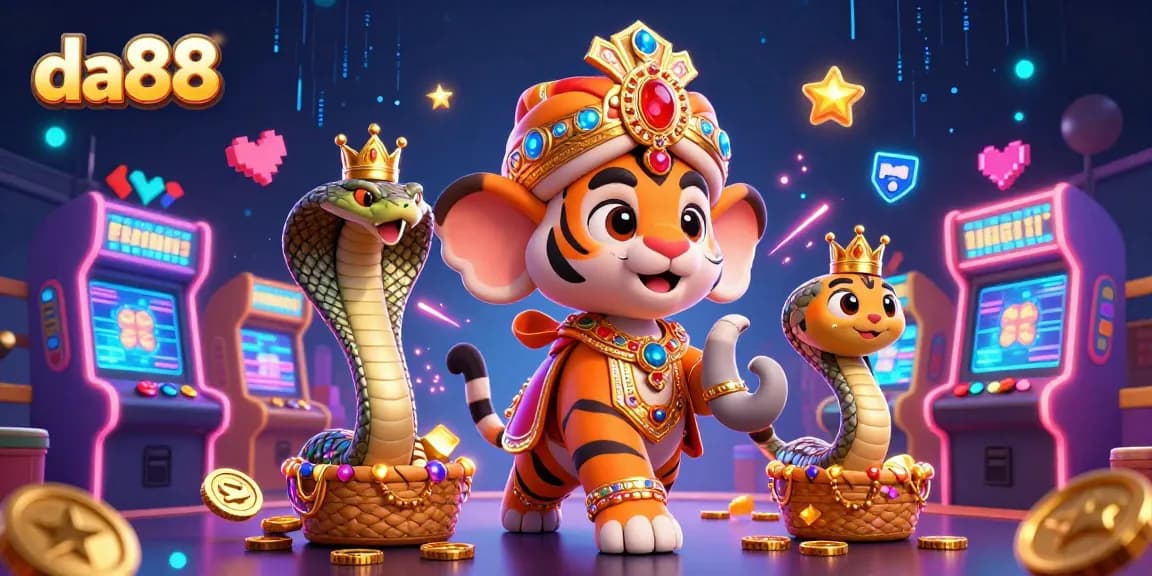 Experience vibrant gaming excitement at da88 with a 3D scene of a maharaja tiger and jewel-encrusted elephant.