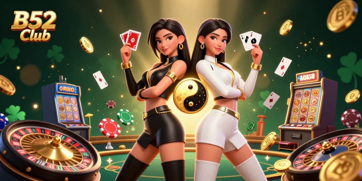 Engage in thrilling games at B52 Club with stunning twin Asian women showcasing their poker skills amidst a vibrant casino backdrop.